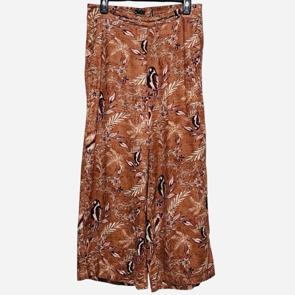 Tahari 100% Linen Brown Wide Leg Capri Pants Birds & Floral Print Womens Medium - Picture 2 of 10